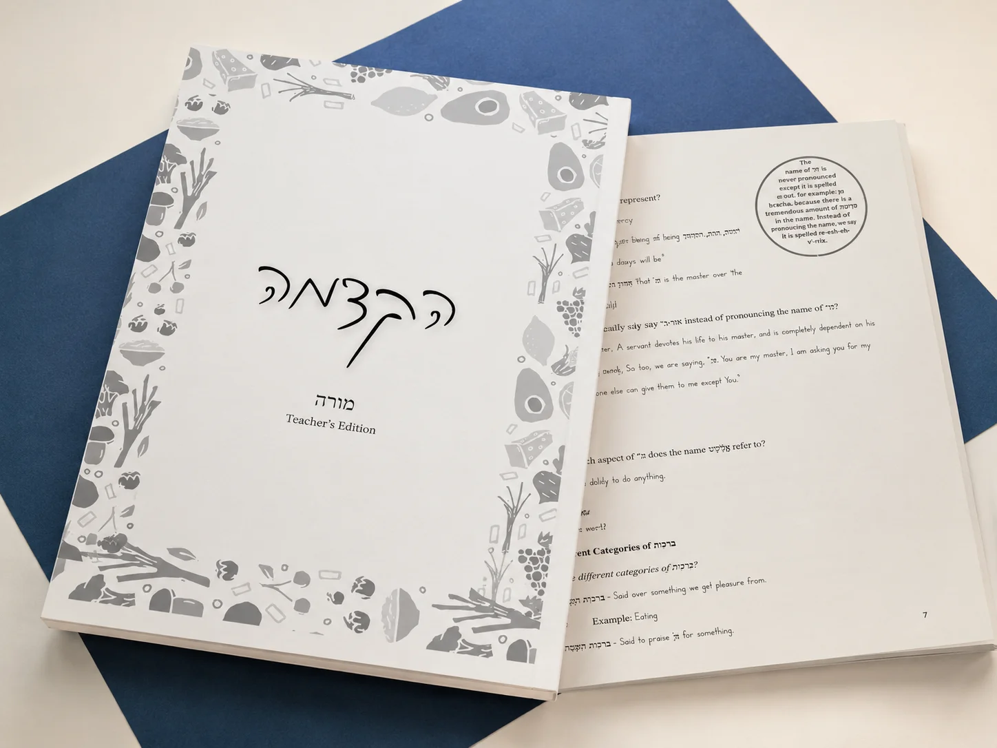 Hilchos Berachos teacher's edition cover beside an open workbook spread