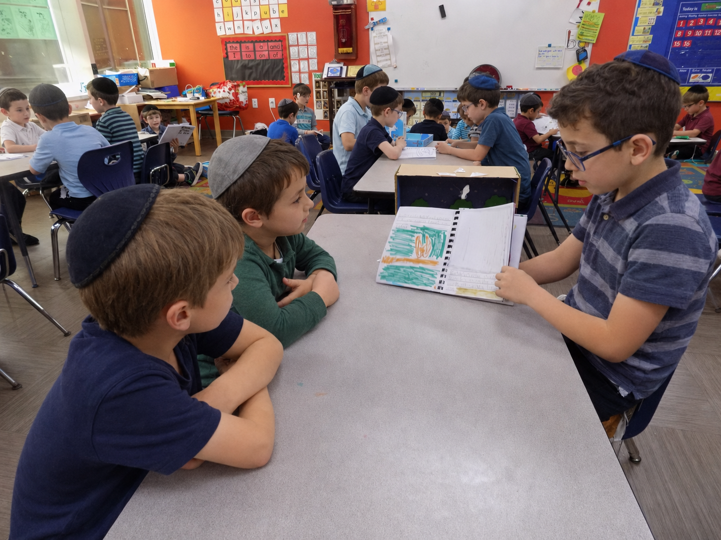 Students at a classroom table sharing a notebook of their work