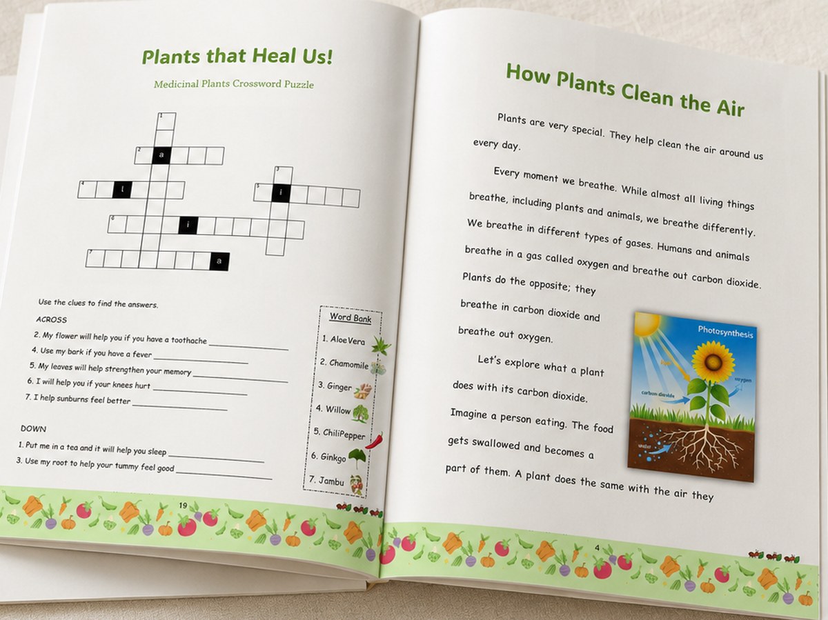 An open student workbook spread with a crossword activity and illustrated science page